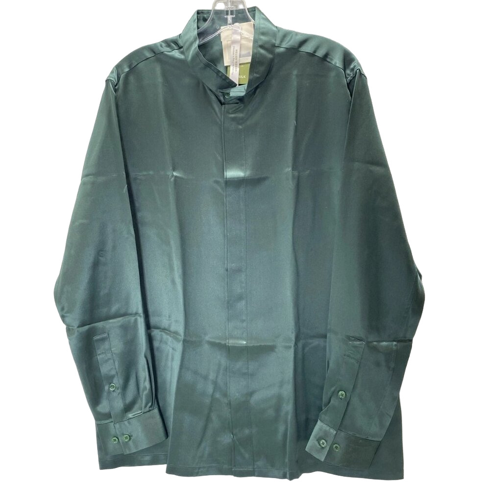 NEW LILYSILK Men’s Classic Silk Shirt Fir Green Size L | Placket Button-Up